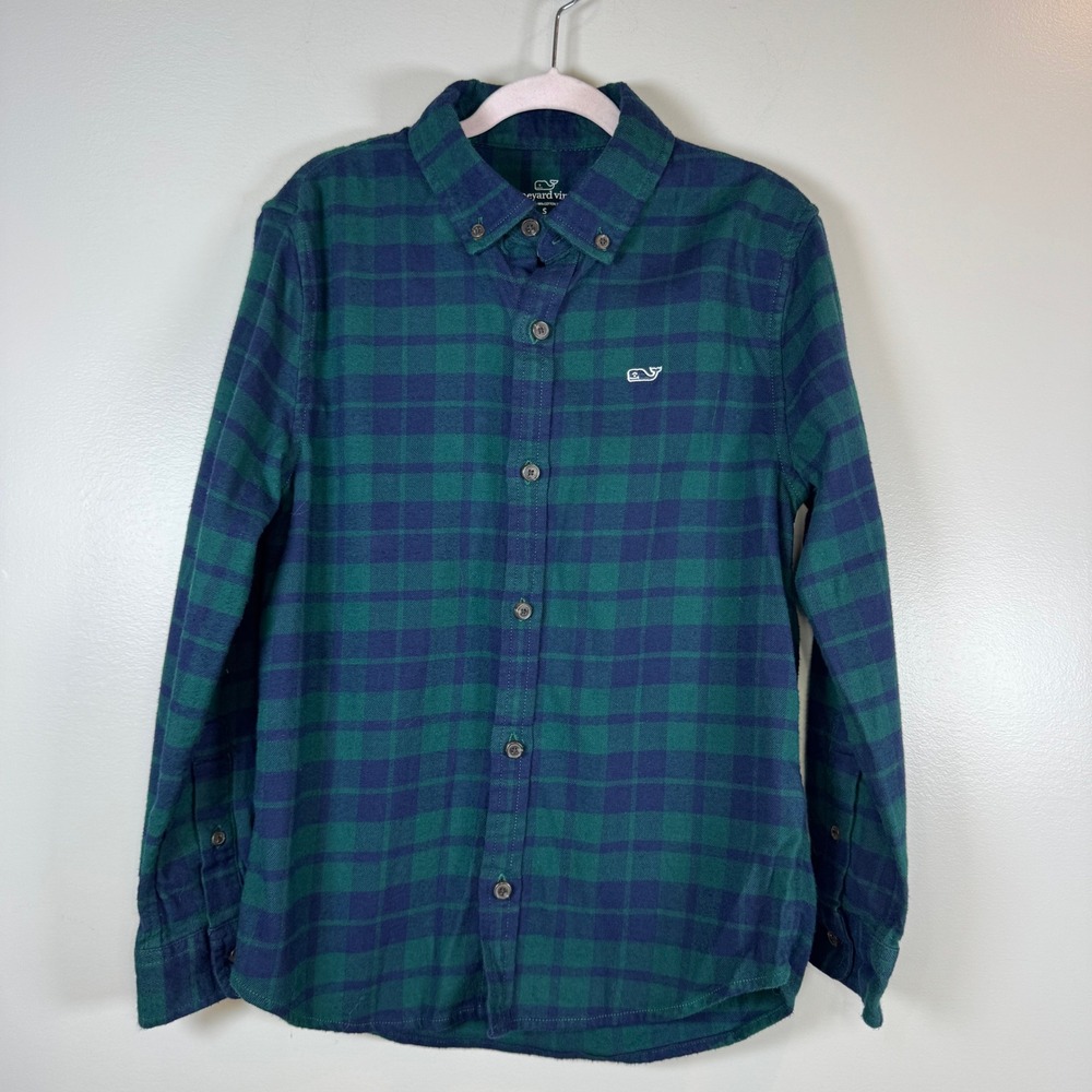 Vineyard Vines Flannel Shirt Boys S Plaid Green Navy Whale Logo Button Down